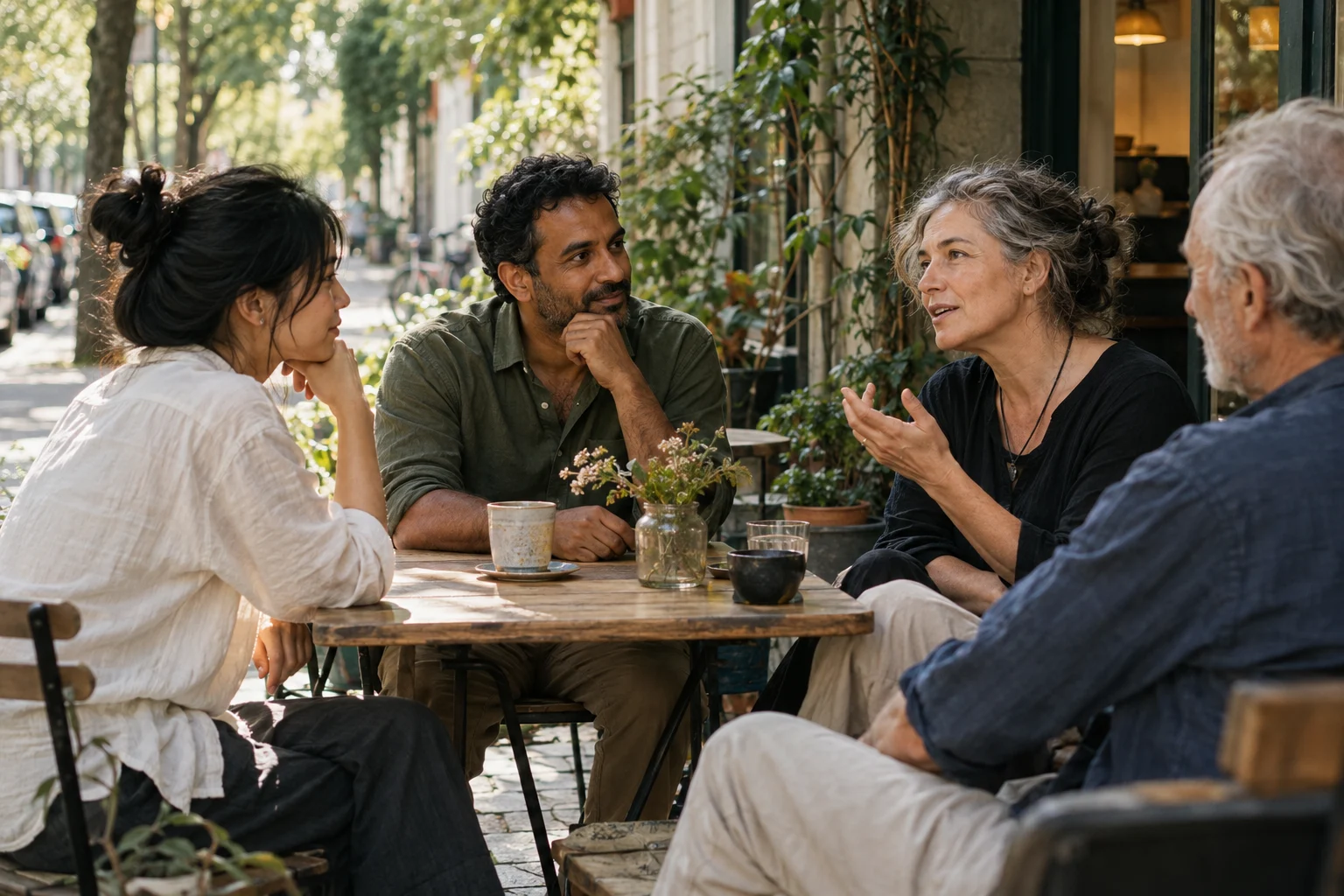 Neighbors of different generations talking together at an outdoor café