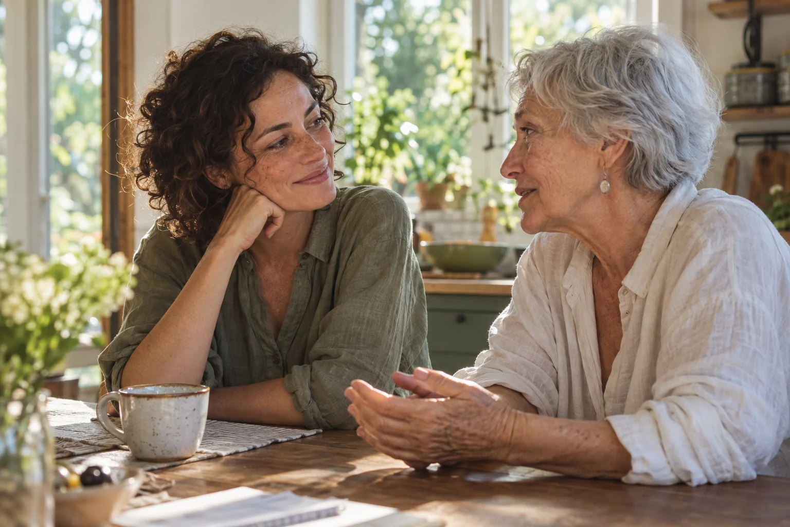 A mother and her adult daughter sharing a quiet moment in a sunlit kitchen